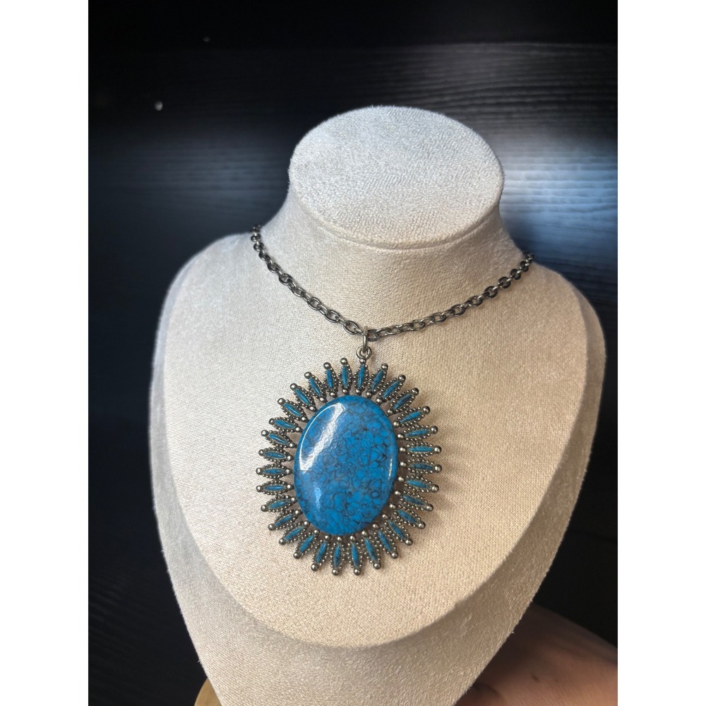Vintage JJ Jonette Jewelry Turquoise Sunburst Statement Necklace Silver Tone 24"
